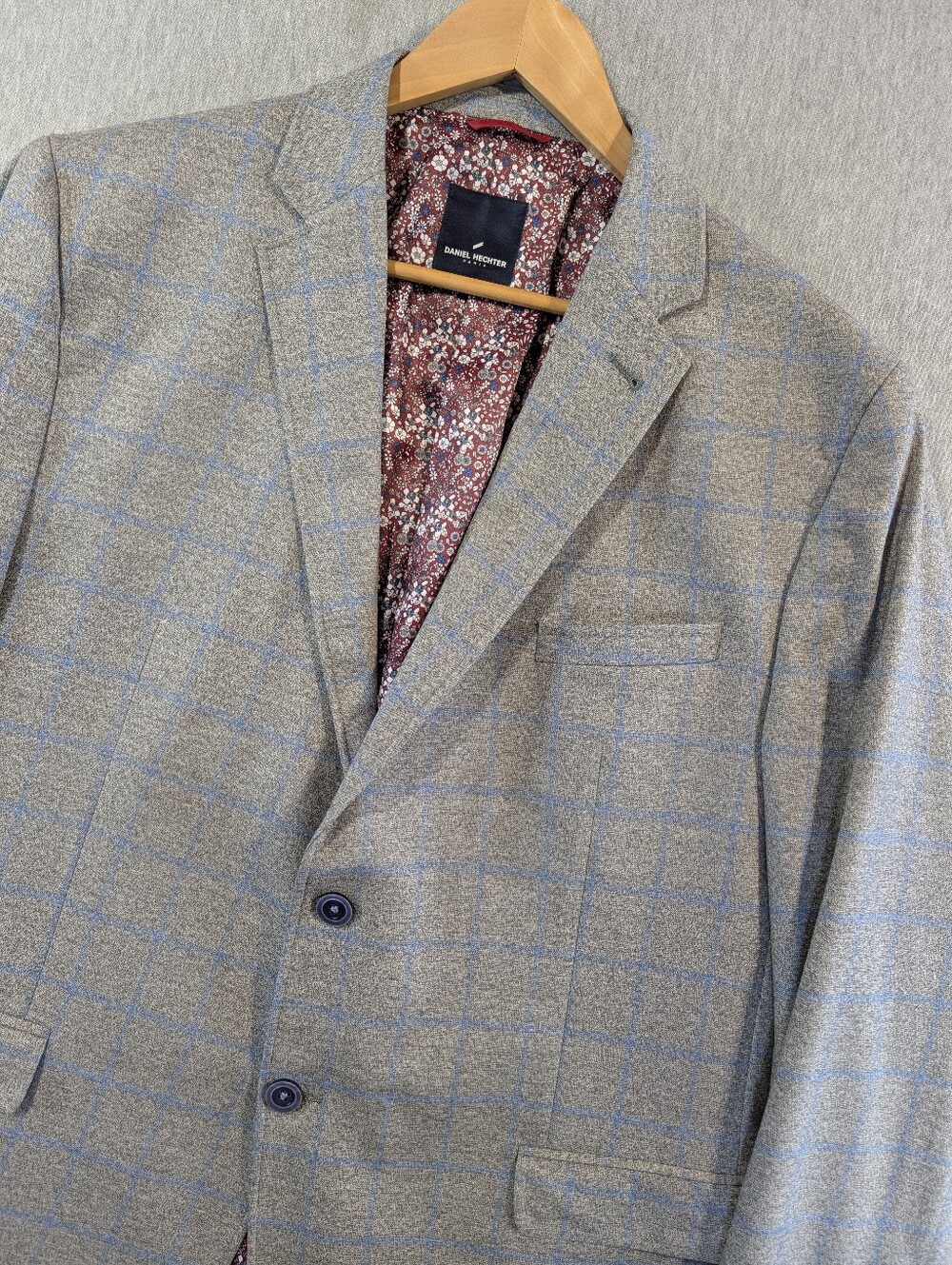 Daniel Hechter Glen Plaid Blazer Men's 46T Grey Blue Red Floral Lining